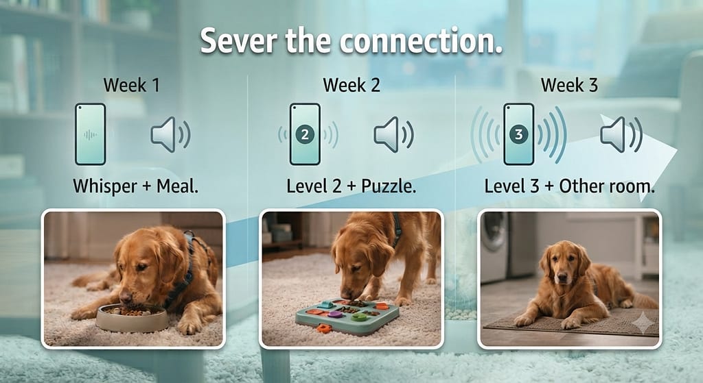 Volume progression graphic Week 1: Whisper + Meal / Week 2: Level 2 + Puzzle / Week 3: Level 3 + Other room. Text: "Sever the connection."