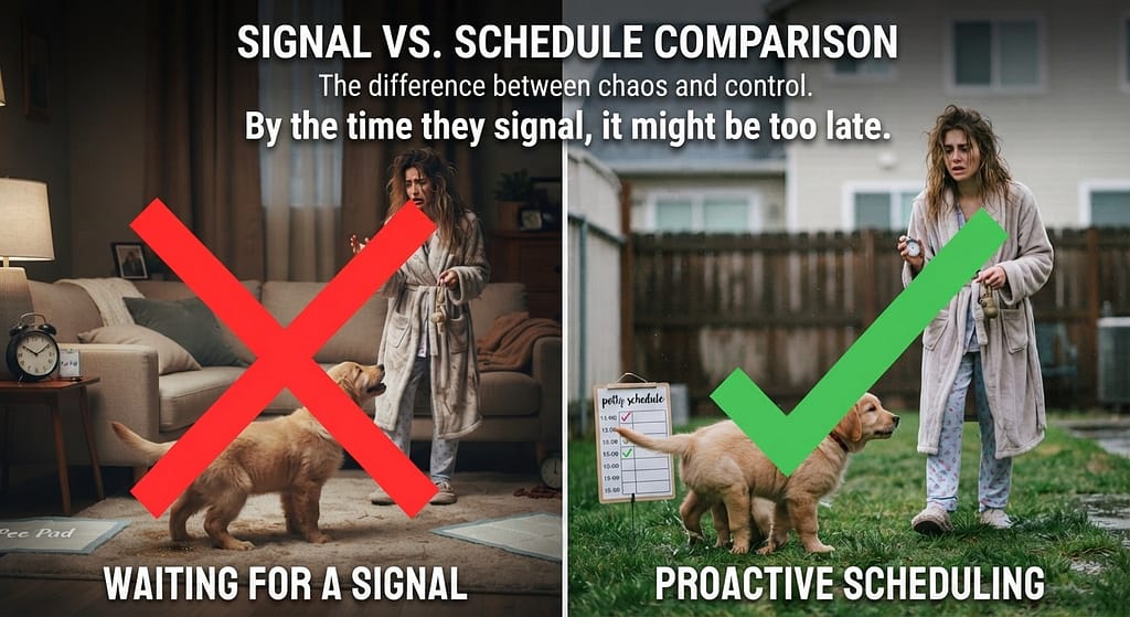 Signal vs schedule comparison Waiting for signal (too late) vs Proactive scheduling (success). Text: "By the time they signal, it might be too late."