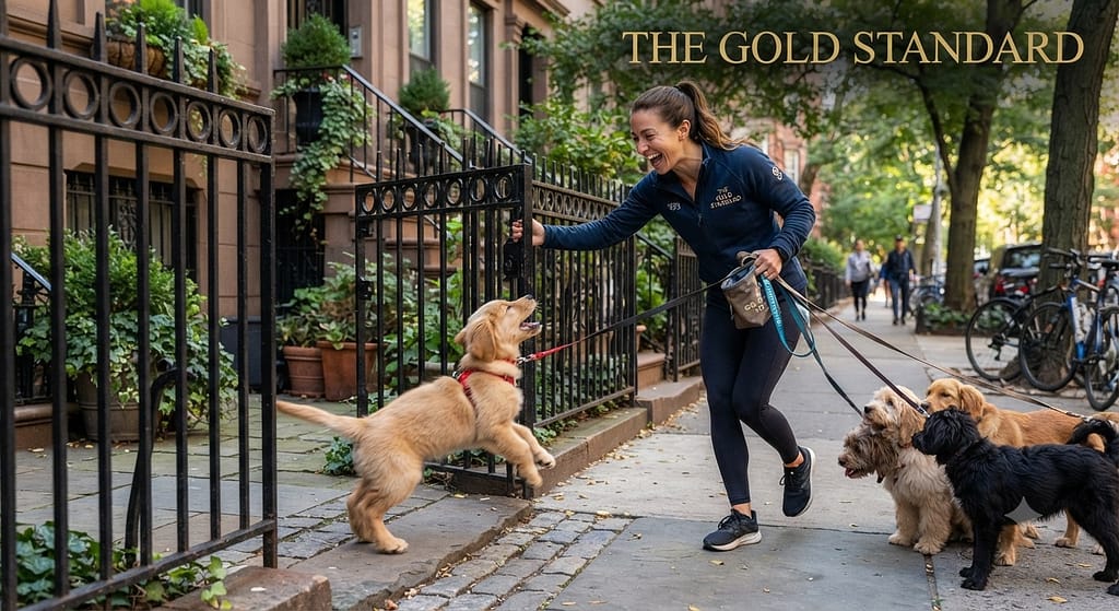 Dog walker action photo Walker arriving, puppy excited. Text: "The Gold Standard."