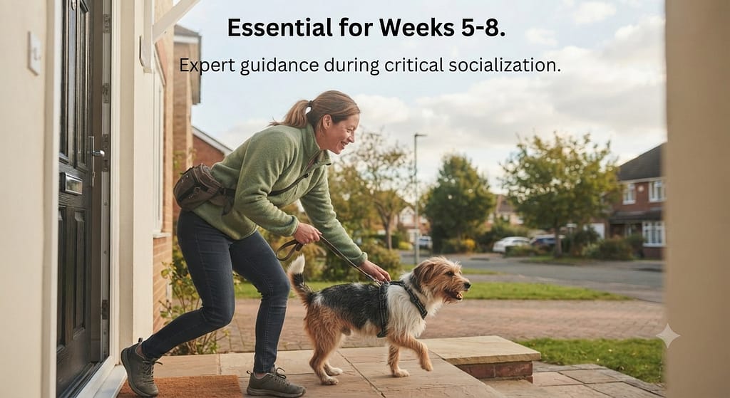 Dog walker action photo Walker taking dog out. Text: "Essential for Week 5-8."