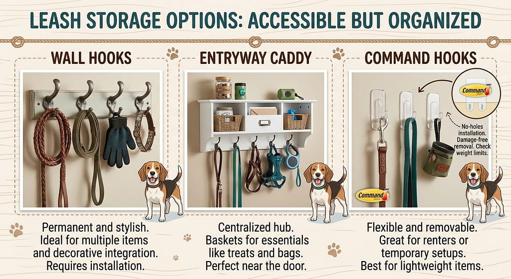 Leash storage options Wall hooks, entryway caddy, Command hooks. Text: "Accessible but organized."