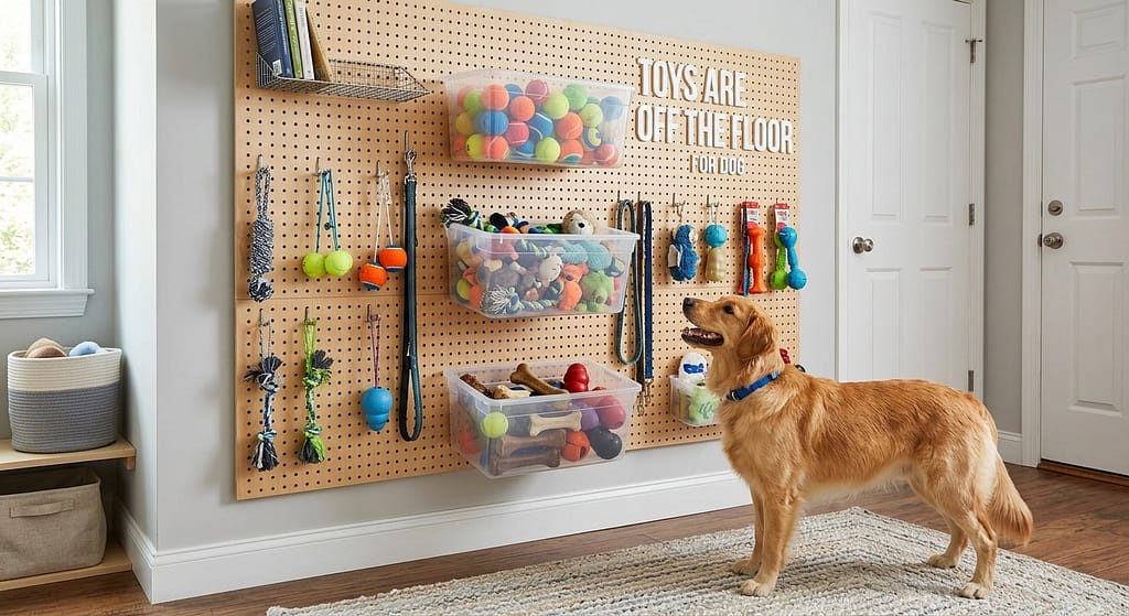 Pegboard toy storage photo Wall-mounted pegboard with toys in clear bins. Text: "Toys are off the floor."