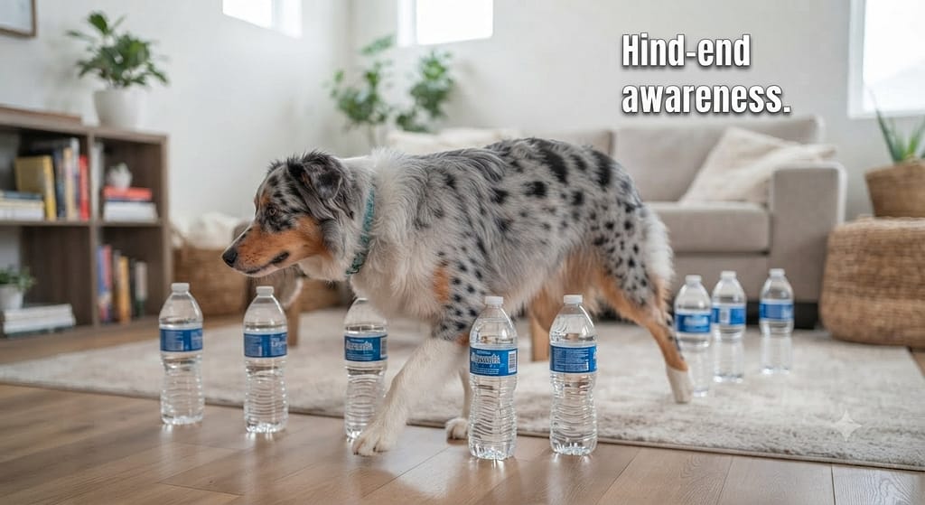Weave poles photo Water bottles in line, dog weaving. Text: "Hind-end awareness."