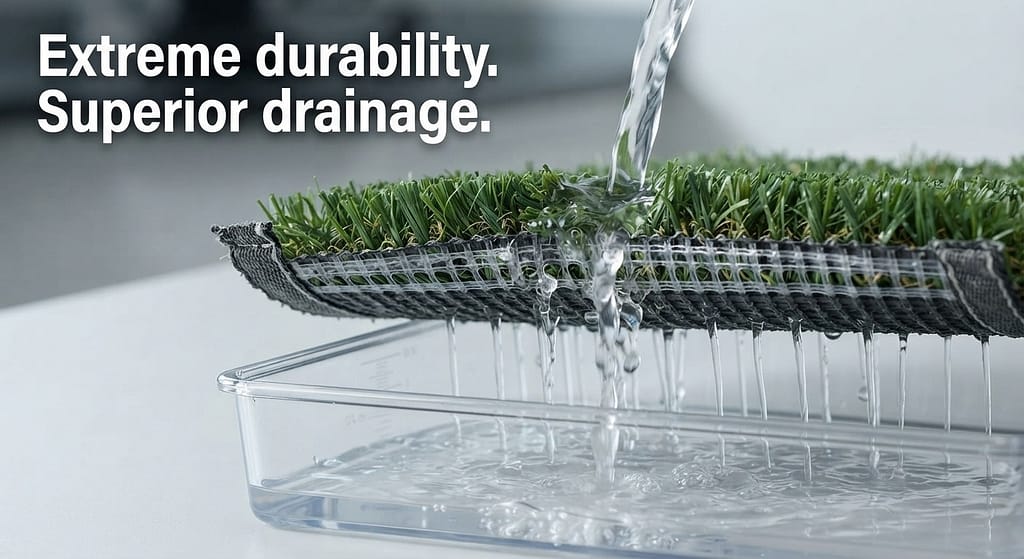 Turf drainage demonstration Water flowing through turf backing into tray. Text: "Extreme durability. Superior drainage."