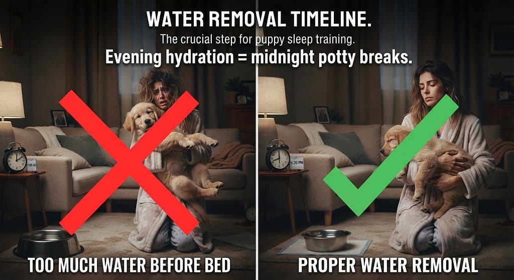 Water removal timeline Water removed 2-3 hours before bedtime. Text: "Evening hydration = midnight potty breaks."