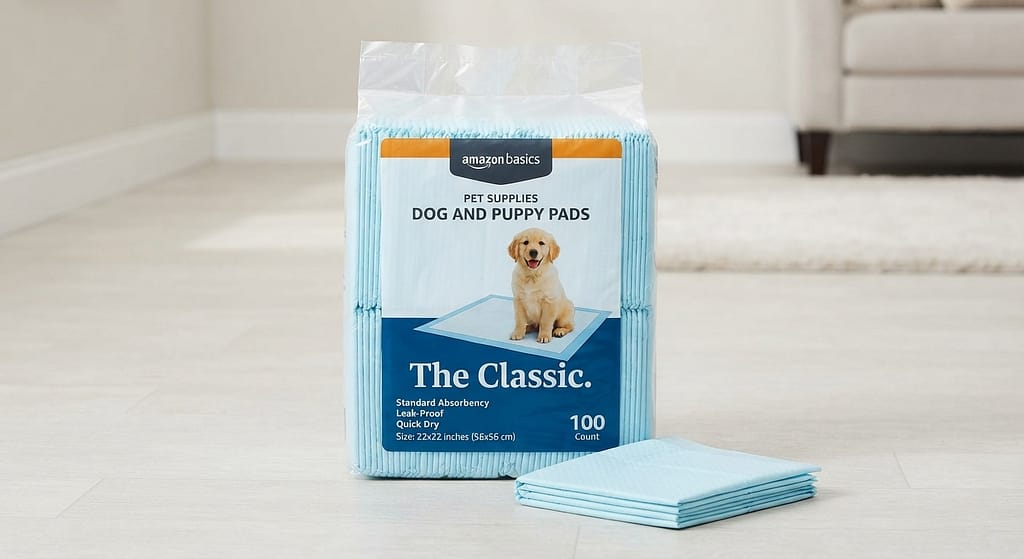 Disposable pad product photo Wee-Wee or Amazon Basics pad package. Text: "The Classic."