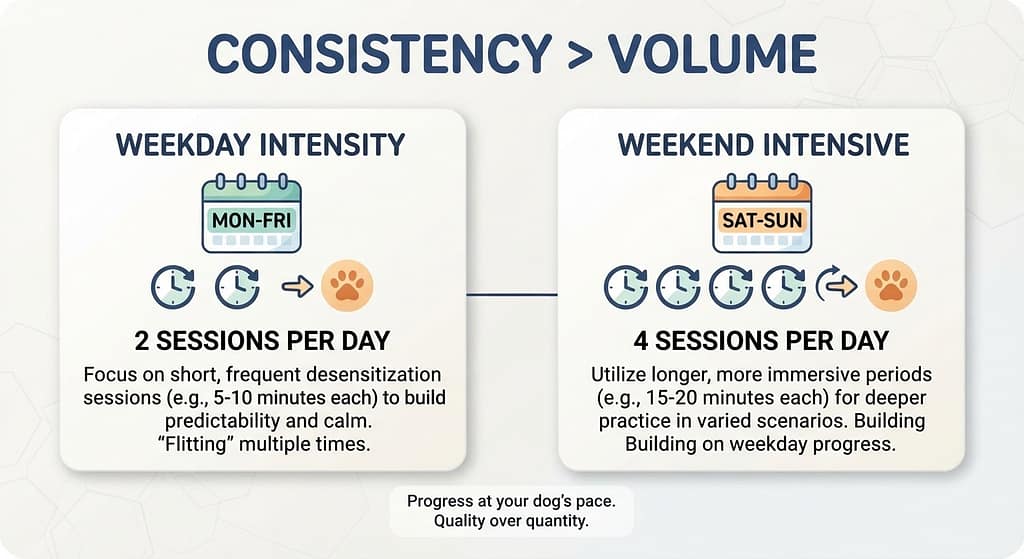 Weekend intensive schedule Weekday: 2 sessions / Weekend: 4 sessions. Text: "Consistency > volume."