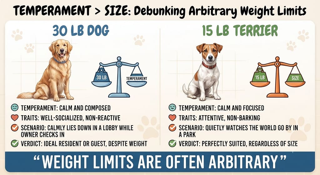 Weight comparison graphic 30lb dog vs 15lb terrier (calmness > size). Text: "Weight limits are often arbitrary."