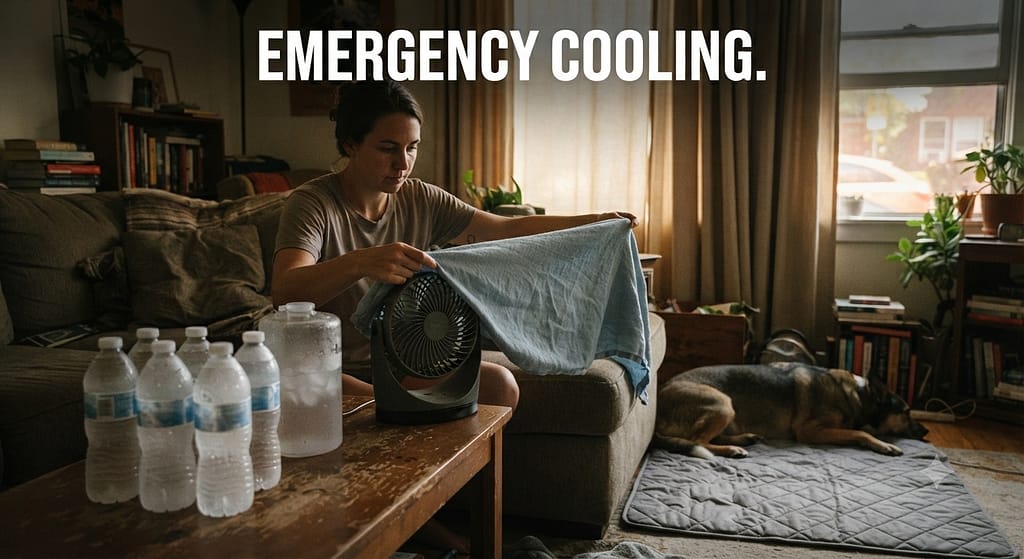 No AC cooling hacks photo Wet towels, frozen water bottles, cooling mat, battery fan. Text: "Emergency cooling."