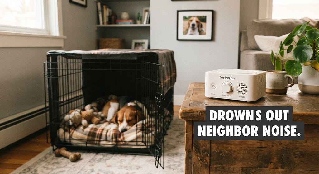 White noise machine near crate photo White noise machine/fan near crate. Text: "Drowns out neighbor noise."