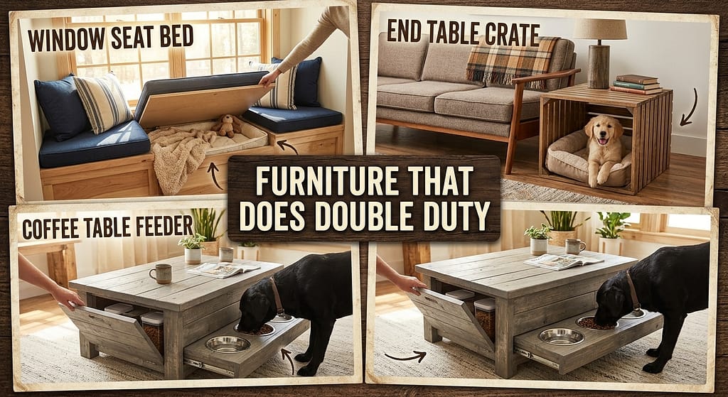 DIY furniture collage Window seat bed, end table crate, coffee table feeder. Text: "Furniture that does double duty."