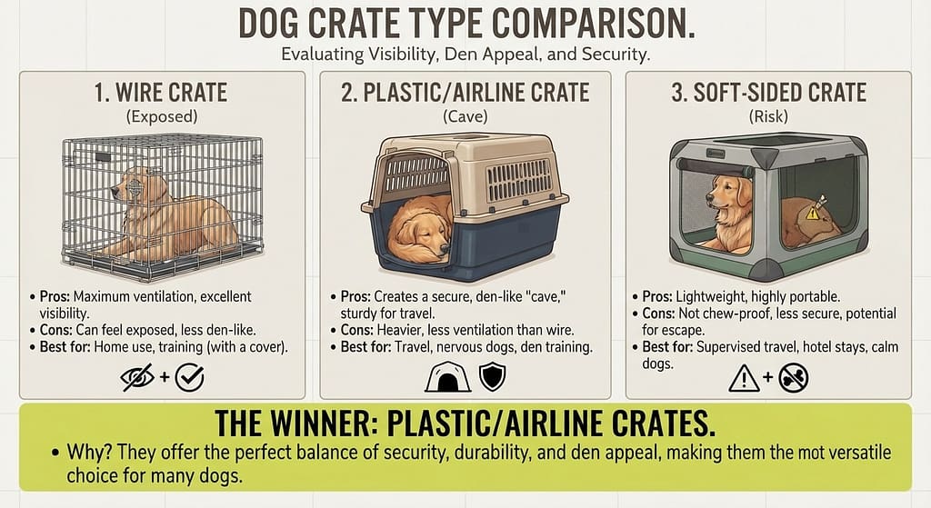Crate type comparison Wire crate (exposed) vs Plastic crate (cave) vs Soft-sided crate (risk). Text: "The winner: Plastic/Airline crates."