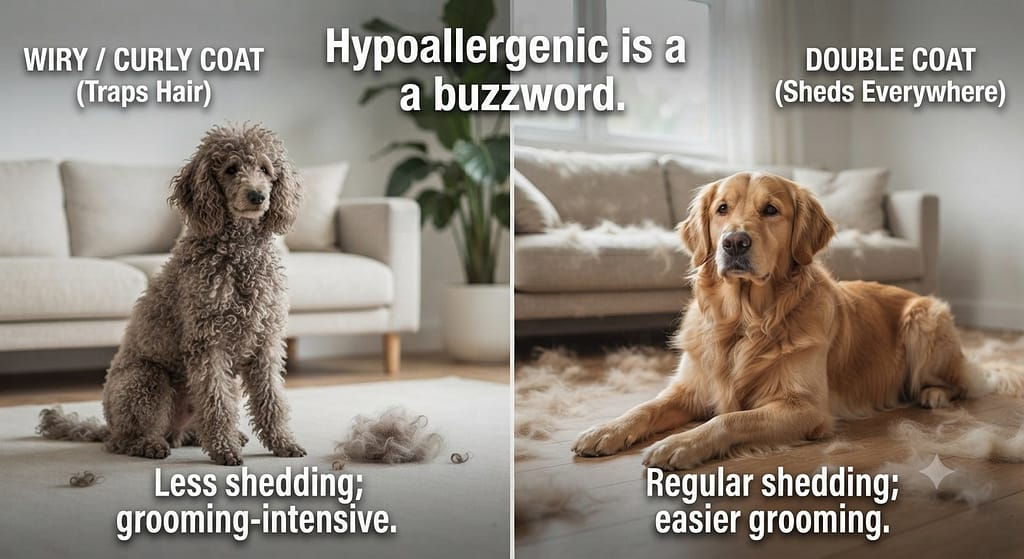 Coat type comparison Wiry/curly (traps hair) vs Double coat (sheds everywhere). Text: "Hypoallergenic is a buzzword."