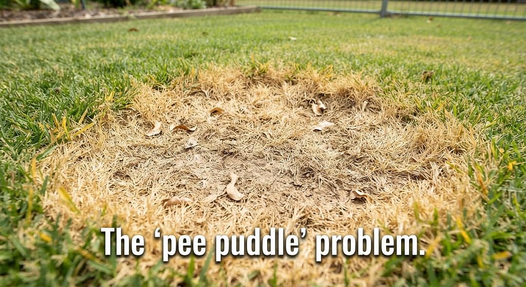 Yellow dead grass patch photo Worn-out grass patch after 1 week. Text: "The 'pee puddle' problem."