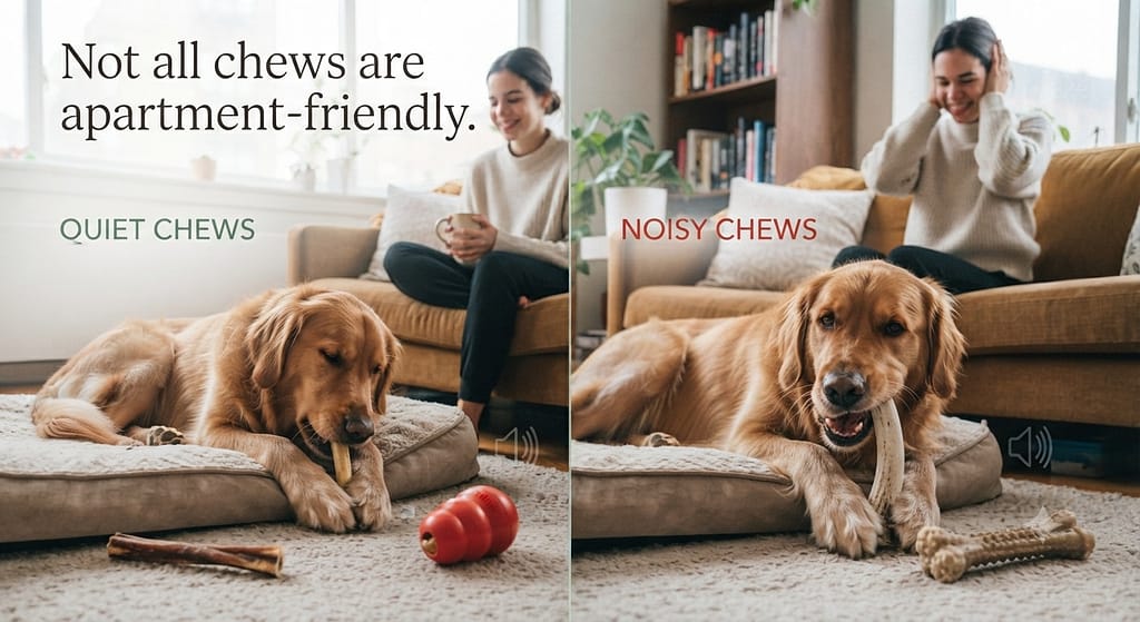 Quiet chew comparison Yak cheese, frozen Kong, bully stick (quiet) vs Nylabone, antler (noisy). Text: "Not all chews are apartment-friendly."