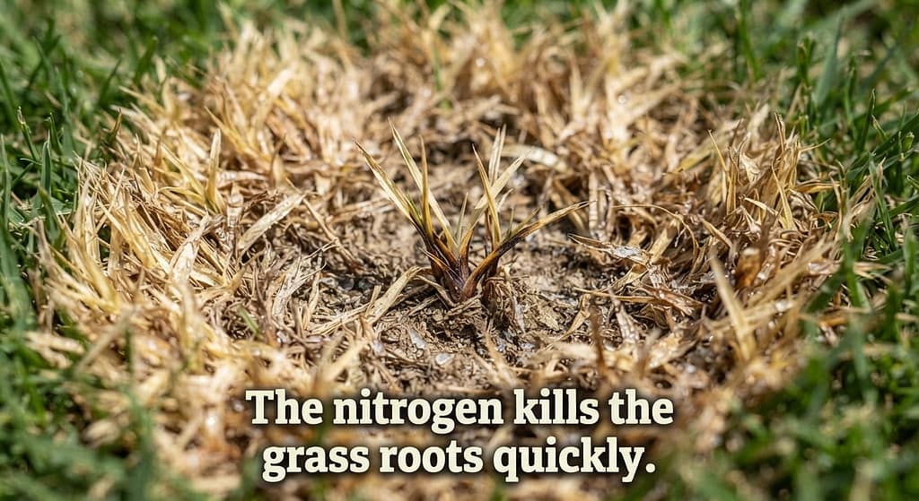Dead grass close-up Yellow/brown dead grass patch. Text: "The nitrogen kills the grass roots quickly."