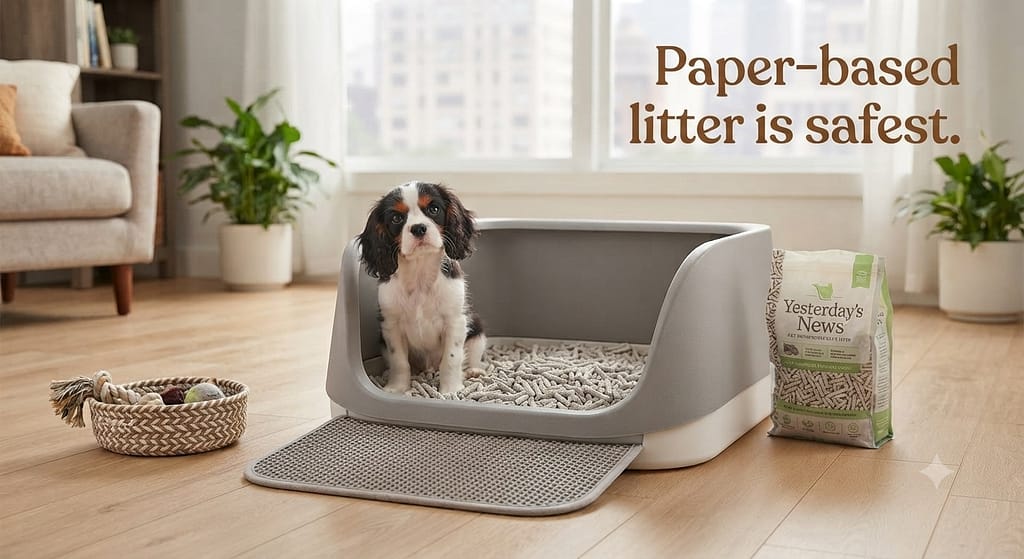 Litter products photo Yesterday's News pellets. Text: "Paper-based litter is safest."
