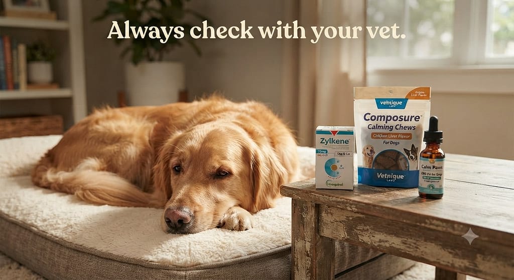 Calming supplement products Zylkene, Composure, CBD oil. Text: "Always check with your vet."