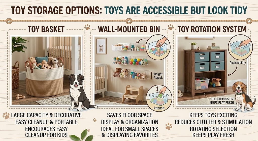Toy storage options Toy basket, wall-mounted bin, toy rotation system. Text: "Toys are accessible but look tidy."