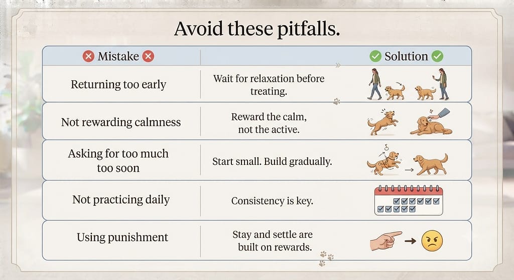 Mistake
Solution
Returning too early
Wait for relaxation before treating.
Not rewarding calmness
Reward the calm, not the active.
Asking for too much too soon
Start small. Build gradually.
Not practicing daily
Consistency is key.
Using punishment
Stay and settle are built on rewards.