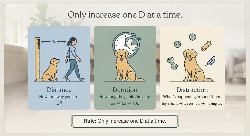 Distance: How far away you are.
Duration: How long they hold the stay.
Distraction: What's happening around them.
Rule: Only increase one D at a time