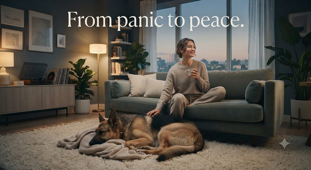 Aspirational hero photo Peaceful apartment, calm dog, owner relaxed, quiet atmosphere. Text: "From panic to peace."