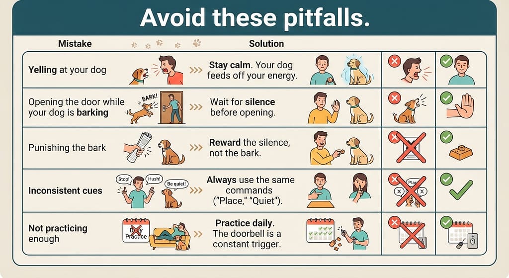 Mistake
Solution
Yelling at your dog
Stay calm. Your dog feeds off your energy.
Opening the door while your dog is barking
Wait for silence before opening.
Punishing the bark
Reward the silence, not the bark.
Inconsistent cues
Always use the same commands ("Place," "Quiet").
Not practicing enough
Practice daily. The doorbell is a constant trigger.