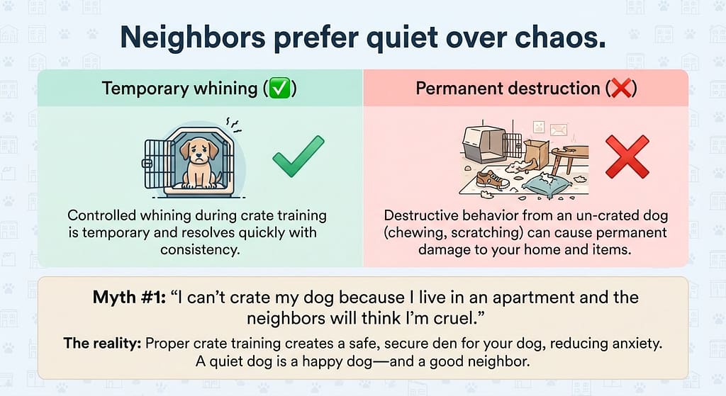 Complaint vs training graphic Temporary whining (✅) vs Permanent destruction (❌). Text: "Neighbors prefer quiet over chaos."