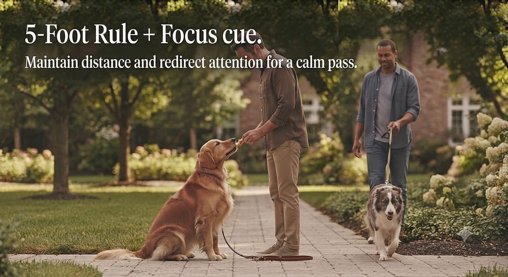 Dog passing photo Two dogs passing calmly with distance. Text: "5-Foot Rule + Focus cue."