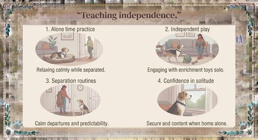 Independence sequence (4 images) 1. Alone time practice / 2. Independent play / 3. Separation routines / 4. Confidence in solitude. Text: "Teaching independence."