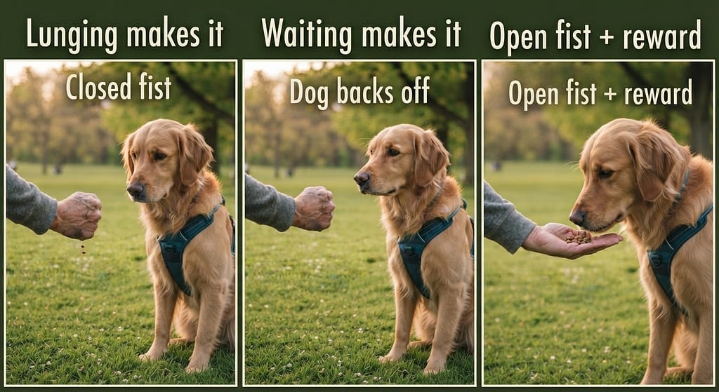 It's Yer Choice sequence (3 images) 1. Closed fist / 2. Dog backs off / 3. Open fist + reward. Text: "Lunging makes it disappear. Waiting makes it appear."