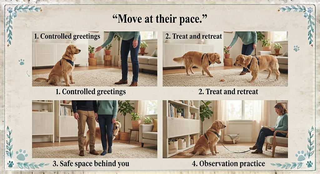 Stranger greeting sequence (4 images) 1. Controlled greetings / 2. Treat and retreat / 3. Safe space behind you / 4. Observation practice. Text: "Move at their pace."