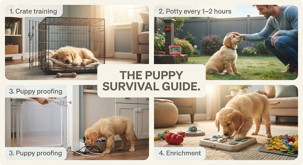 Puppy schedule sequence (4 images) 1. Crate training / 2. Potty every 1–2 hours / 3. Puppy proofing / 4. Enrichment. Text: "The puppy survival guide."