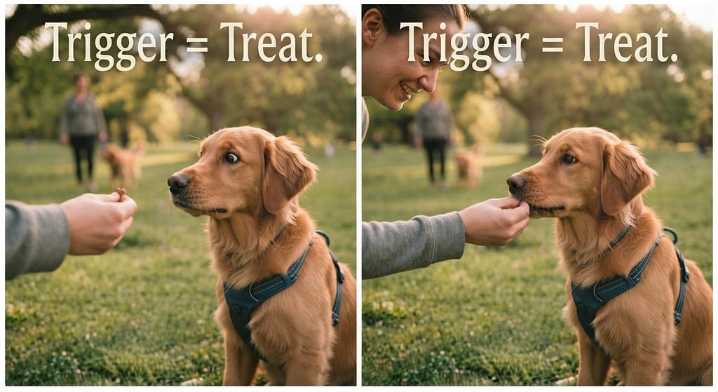 Engage-Disengage sequence (2 images) 1. Dog looks at trigger / 2. Dog looks back at owner. Text: "Trigger = Treat."