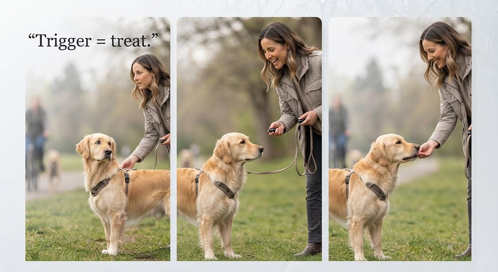 LAT sequence (3 images) 1. Dog notices trigger / 2. Mark "Yes!" / 3. Treat. Text: "Trigger = treat."
