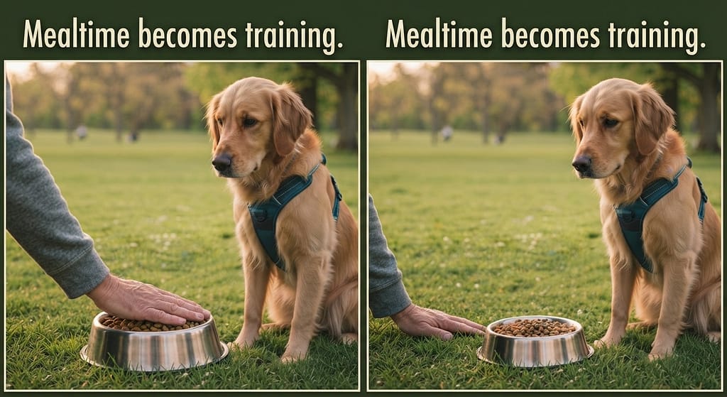 Bowl game sequence (2 images) 1. Hand covering bowl / 2. Dog waits, hand removed. Text: "Mealtime becomes training."