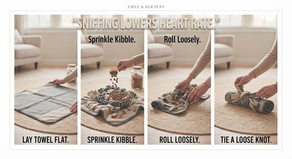 Sniffari towel sequence (4 images) 1. Lay towel flat / 2. Sprinkle kibble / 3. Roll loosely / 4. Tie loose knot. Text: "Sniffing lowers heart rate."