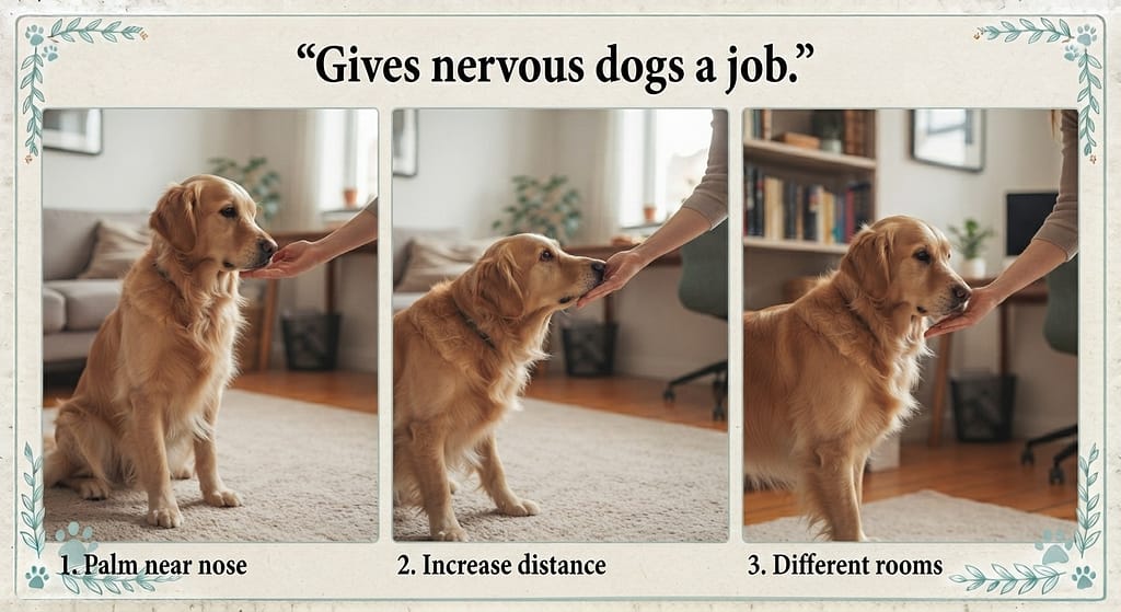 Touch command sequence (3 images) 1. Palm near nose / 2. Increase distance / 3. Different rooms. Text: "Gives nervous dogs a job."