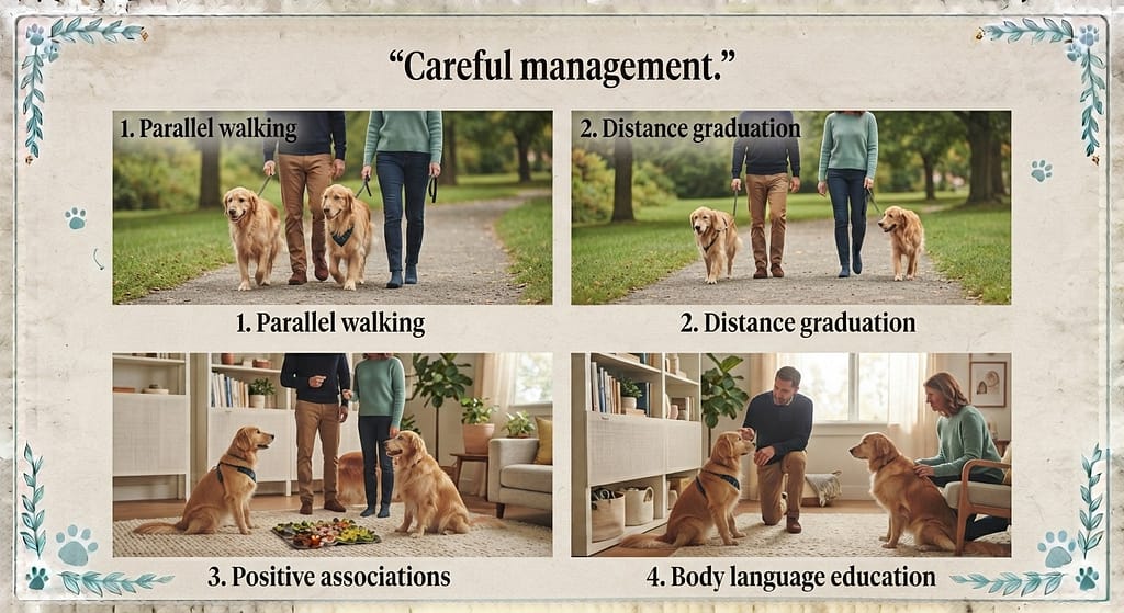 Dog-to-dog sequence (4 images) 1. Parallel walking / 2. Distance graduation / 3. Positive associations / 4. Body language education. Text: "Careful management."