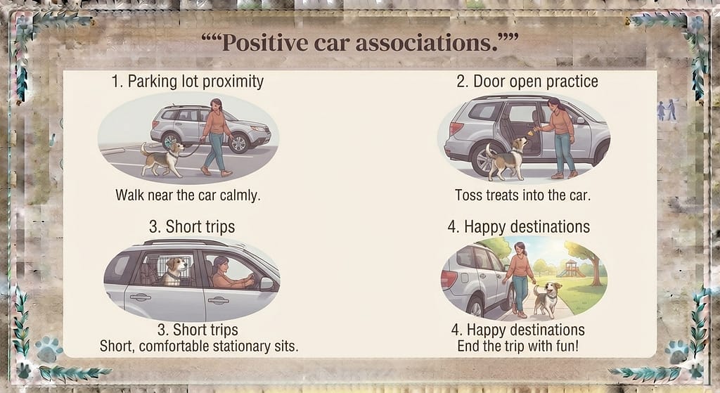 Car training sequence (4 images) 1. Parking lot proximity / 2. Door open practice / 3. Short trips / 4. Happy destinations. Text: "Positive car associations."