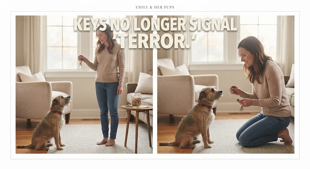 Keys + treat sequence (2 images) 1. Pick up keys / 2. Dog calm, treat. Text: "Keys no longer signal 'terror.'"