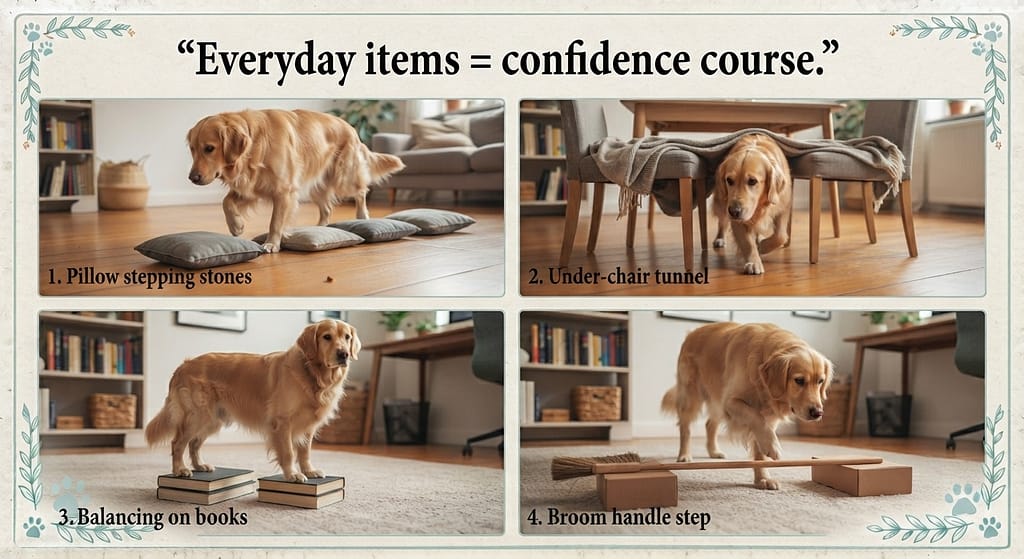 Obstacle course sequence (4 images) 1. Pillow stepping stones / 2. Under-chair tunnel / 3. Balancing on books / 4. Broom handle step. Text: "Everyday items = confidence course."