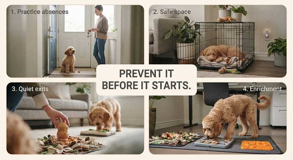 Prevention sequence (4 images) 1. Practice absences / 2. Safe space / 3. Quiet exits / 4. Enrichment. Text: "Prevent it before it starts."