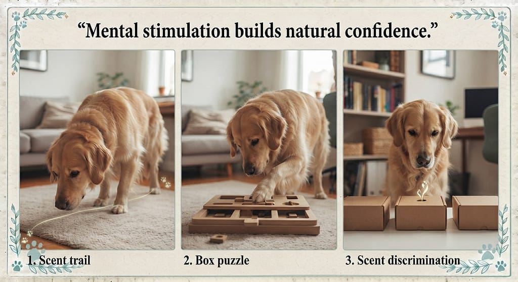 Nose work sequence (3 images) 1. Scent trail / 2. Box puzzle / 3. Scent discrimination. Text: "Mental stimulation builds natural confidence."