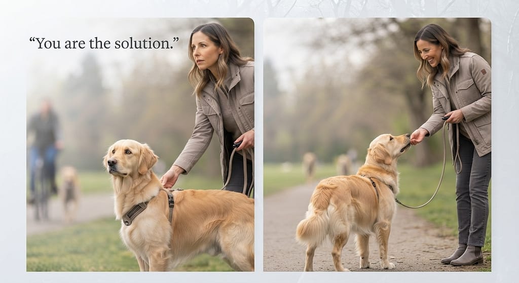 U-turn sequence (2 images) 1. See trigger / 2. Turn 180°, reward. Text: "You are the solution."