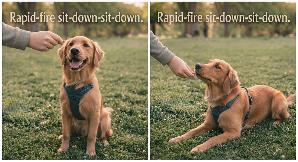 Up-Down sequence (2 images) 1. Sit / 2. Down. Text: "Rapid-fire sit-down-sit-down."