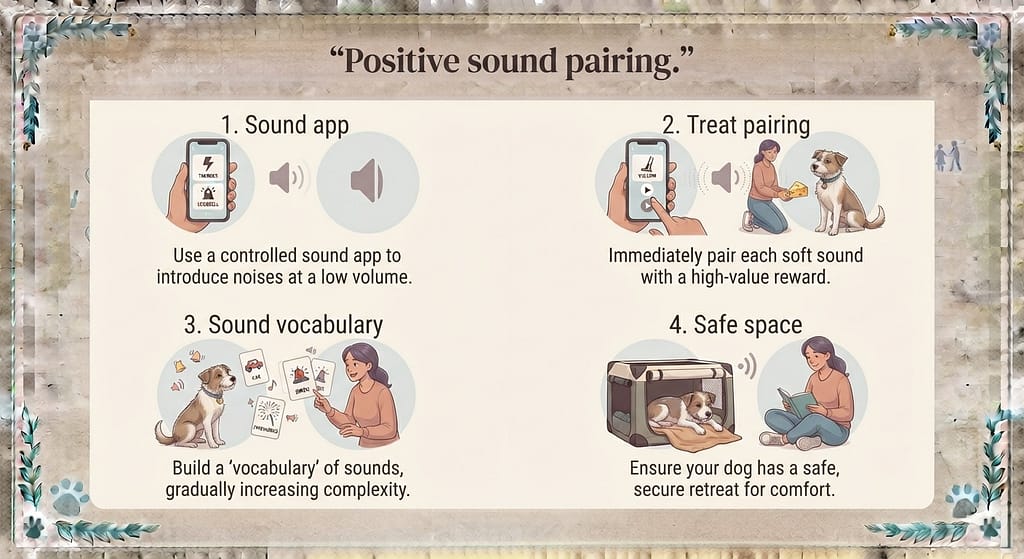 Noise desensitization sequence 1. Sound app / 2. Treat pairing / 3. Sound vocabulary / 4. Safe space. Text: "Positive sound pairing."