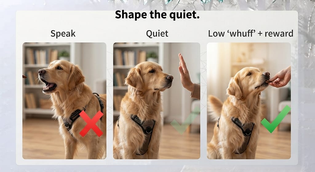 Quiet bark sequence (3 images) 1. "Speak" / 2. "Quiet" / 3. Low "whuff" + reward. Text: "Shape the quiet."