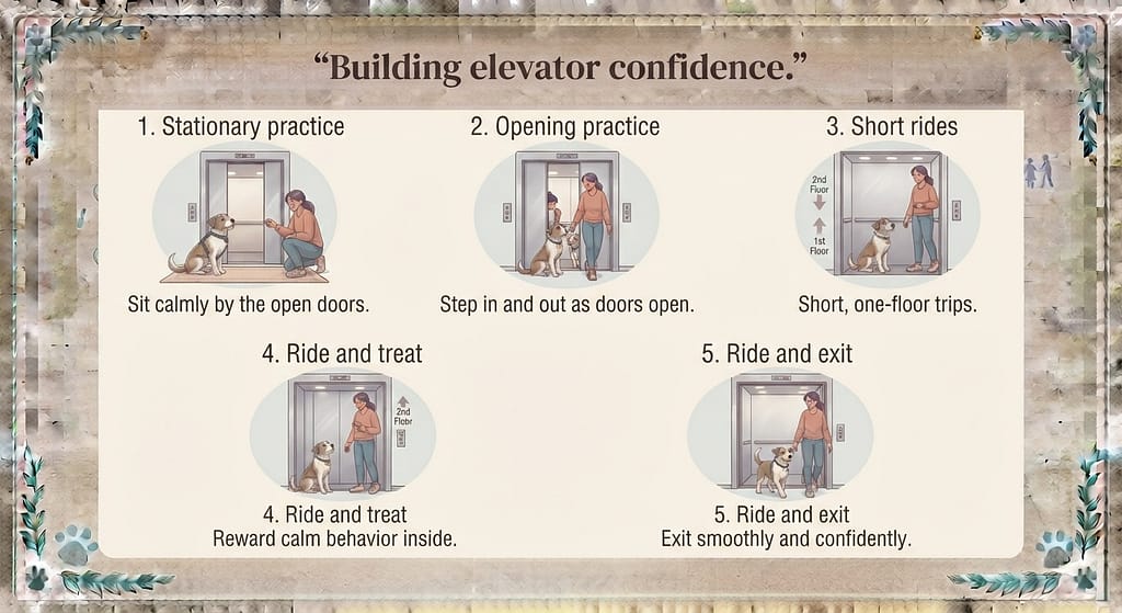 Elevator training sequence (5 images) 1. Stationary practice / 2. Opening practice / 3. Short rides / 4. Ride and treat / 5. Ride and exit. Text: "Building elevator confidence."