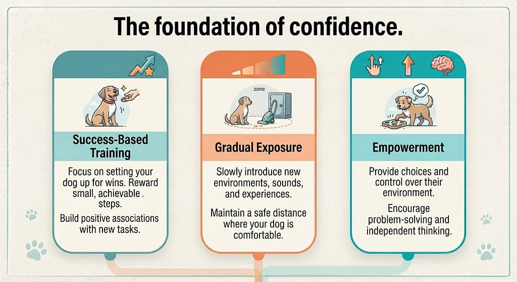 Three pillars infographic 1. Success-Based Training / 2. Gradual Exposure / 3. Empowerment. Text: "The foundation of confidence."